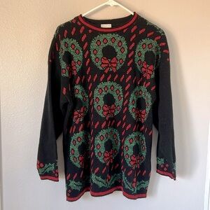 Vintage Holiday Time Christmas Sweater Black Wreath Lurex Knit Small